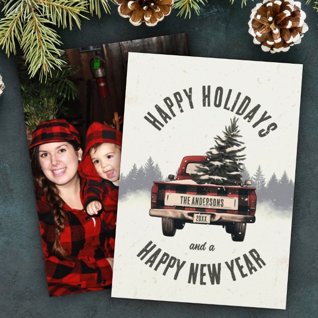 Red Plaid Christmas Tree Custom Family Name Photo Holiday Card (Creator Uploaded)