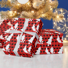 Red Plaid Christmas Tree Holly Leaves Yule Wrapping Paper