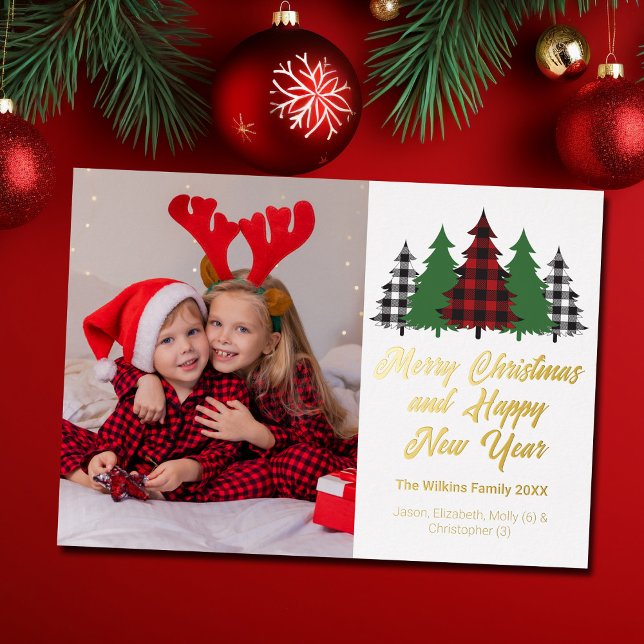 Red Plaid Christmas Trees Family Photo Gold Foil Holiday Card (Creator Uploaded)