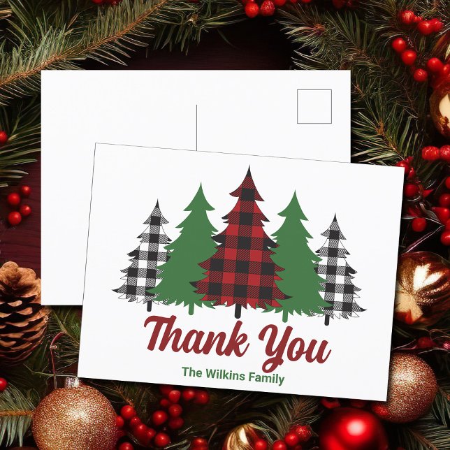 Red Plaid Christmas Trees Personalised Thank You Postcard (Creator Uploaded)