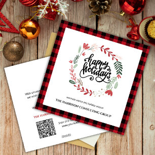 Red Plaid Corporate Logo QR Code Holiday Card