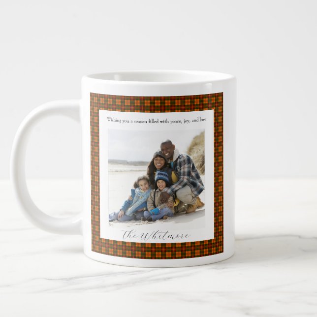  Red Plaid Cosy Christmas Retro Monogram 2 Photo Large Coffee Mug (Left)
