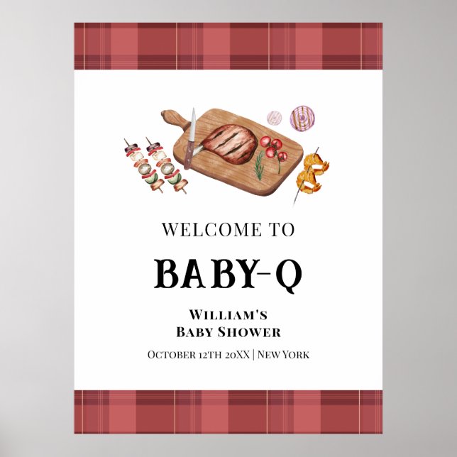 Red Plaid Country Baby Q Baby Shower Welcome  Poster (Front)