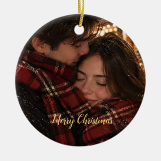 Red Plaid Couple Photo Christmas Card Ceramic Tree Decoration