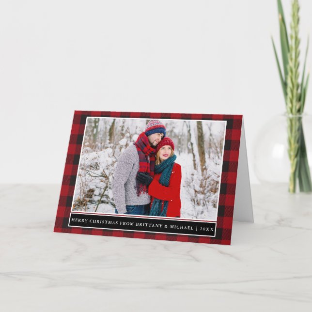Red Plaid Couple Photo Merry Christmas Folded Holiday Card (Front)