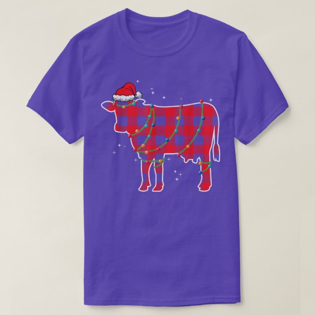 Red Plaid Cow Bull Christmas Lights Funny Xmas San T-Shirt (Design Front)