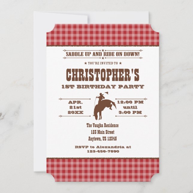Red Plaid Cowboy Rodeo Birthday Invitation (Front)