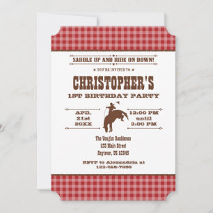 Red Plaid Cowboy Rodeo Birthday Invitation