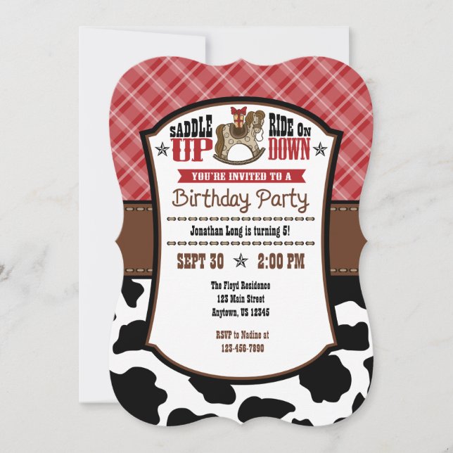 Red Plaid Cowhide Cowboy Birthday Invite (Front)