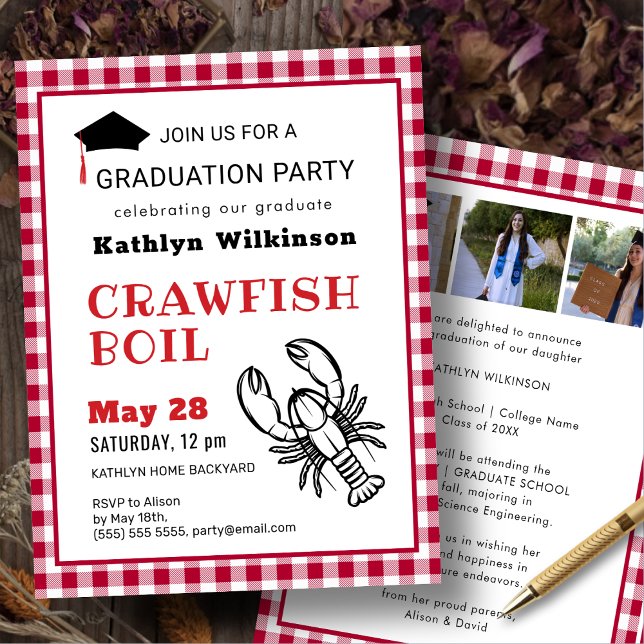 Red Plaid Crawfish Boil 3 Photo Graduation Party Invitation (Creator Uploaded)