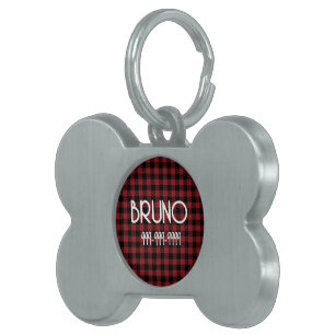 Red Plaid Custom Dog ID Tag Plate for Collars