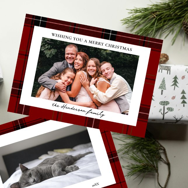 Red Plaid Custom Two Horizontal Photo Christmas  Holiday Card (Creator Uploaded)