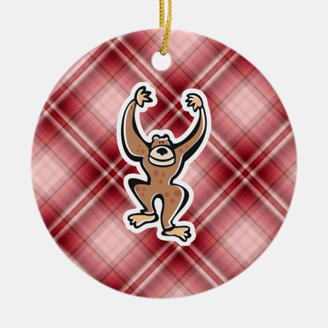 Red Plaid Cute Monkey Ceramic Tree Decoration (Front)