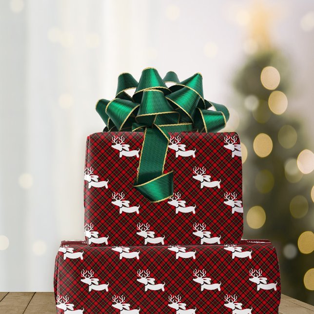 Red Plaid Dachshund-themed Christmas Wrapping Paper Sheet (Red and green plaid dachshund Christmas gift wrap for wiener dog moms and doxie dads.)