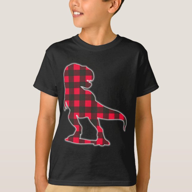 Red Plaid Dinosaur Matching Buffalo Family Pajama T-Shirt (Front)