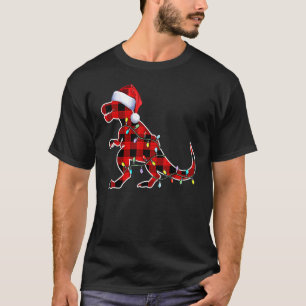 Red Plaid Dinosaur Rex Christmas Lights Tree PJ Ad T-Shirt