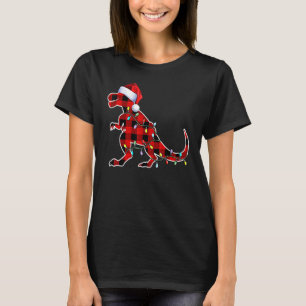 Red Plaid Dinosaur Rex Christmas Lights Tree PJ Ad T-Shirt