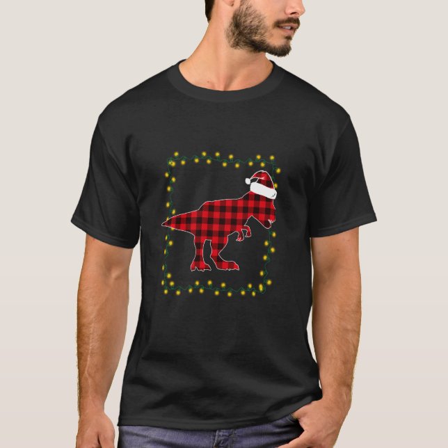 Red Plaid Dinosaur T Rex Christmas Lights Pyjamas  T-Shirt (Front)
