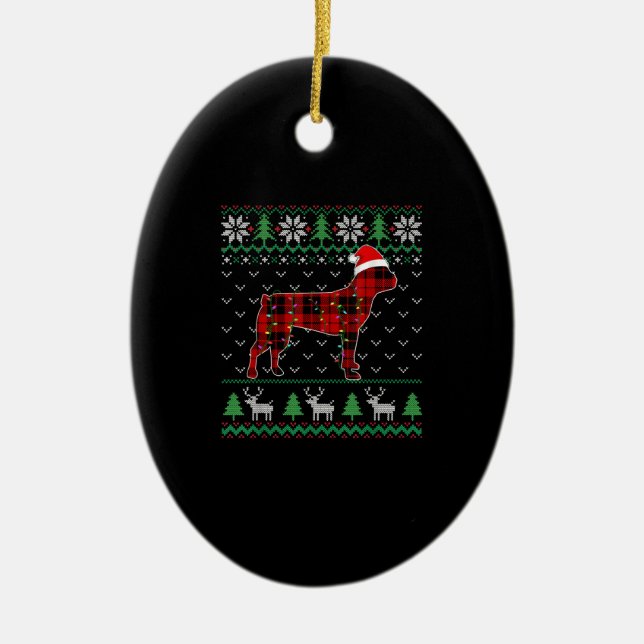 Red Plaid Dog Ugly Christmas Lights Boston Terrier Ceramic Tree Decoration (Front)