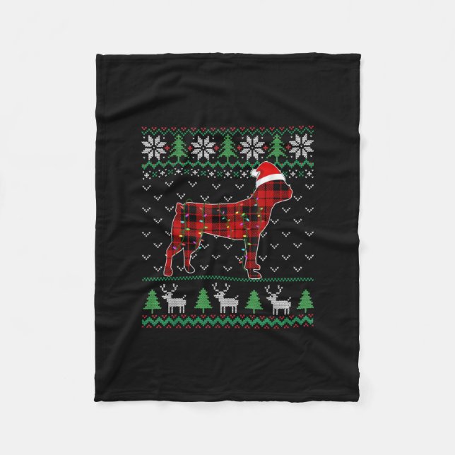 Red Plaid Dog Ugly Christmas Lights Boston Terrier Fleece Blanket (Front)