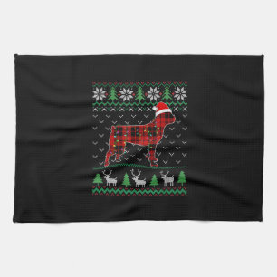 Red Plaid Dog Ugly Christmas Lights Boston Terrier Tea Towel