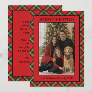 Red Plaid Easy 1 Photo Family Merry Christmas Holiday Card