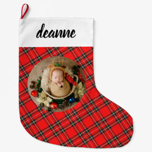 Red Plaid Elegant Baby's First Christmas Photo Large Christmas Stocking