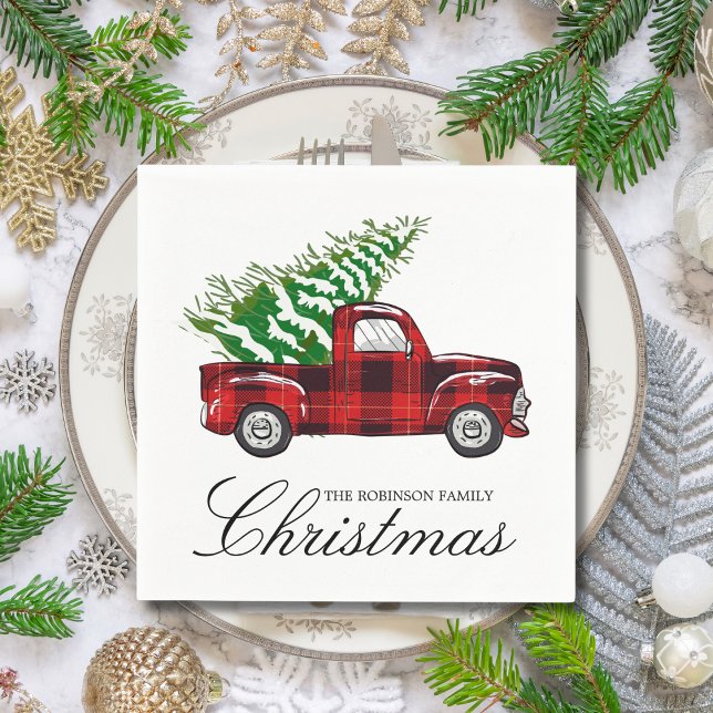 Red Plaid Elegant Script Christmas Vintage Truck Napkin (Creator Uploaded)
