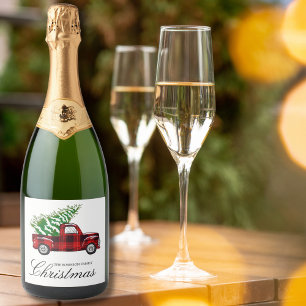 Red Plaid Elegant Script Christmas Vintage Truck Sparkling Wine Label
