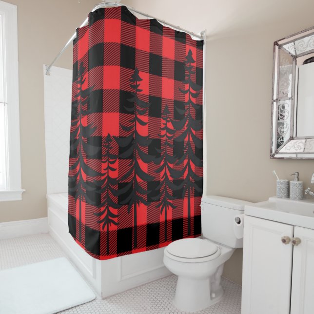 Red Plaid Evergreen Silhouette Shower Curtain (In Situ)