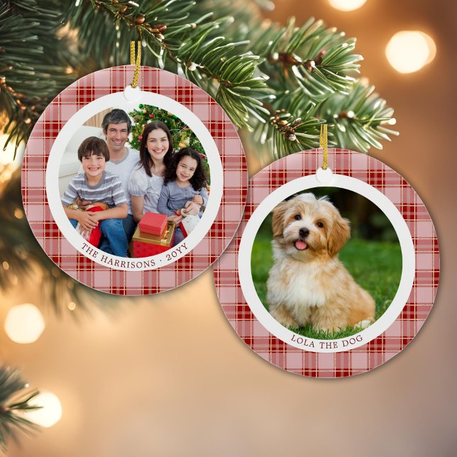 Red Plaid Family Christmas 2 Photos Ornament (Red Plaid Family Christmas 2 Photos Ornament)