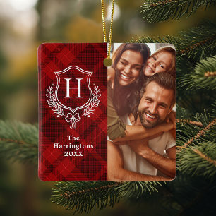 Red Plaid Family Crest Photo Christmas Ceramic Ornament