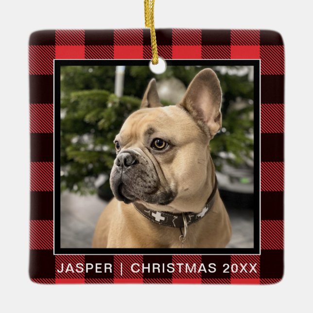 Red Plaid| Family Dog Photo Keepsake Christmas Ceramic Ornament (Front)