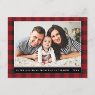 Red Plaid Family Photo Happy Holidays Postcard