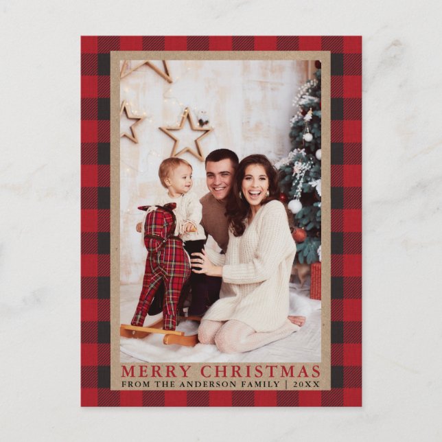 Red Plaid Family Photo Merry Christmas Kraft Postcard (Front)
