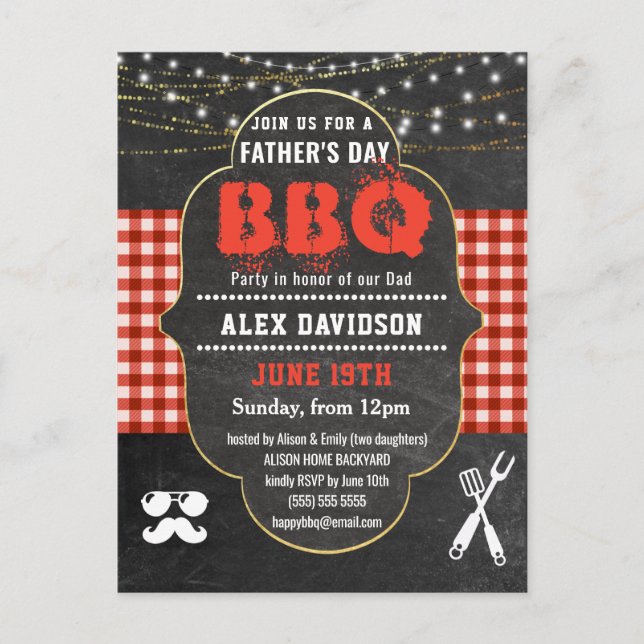  Red Plaid Father's Day BBQ Party Invitation Postcard (Front)