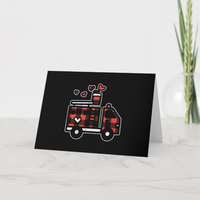 Red Plaid Fire Truck Valentines Day Firefighter Holiday Card (Front)
