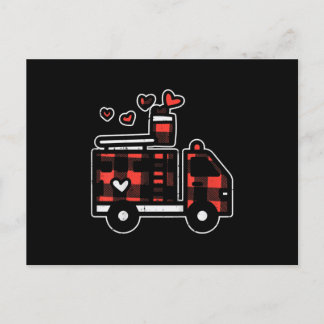 Red Plaid Fire Truck Valentines Day Firefighter Holiday Postcard