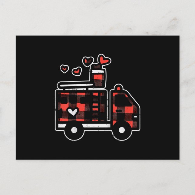 Red Plaid Fire Truck Valentines Day Firefighter Holiday Postcard (Front)