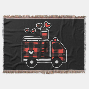 Red Plaid Fire Truck Valentines Day Firefighter Throw Blanket