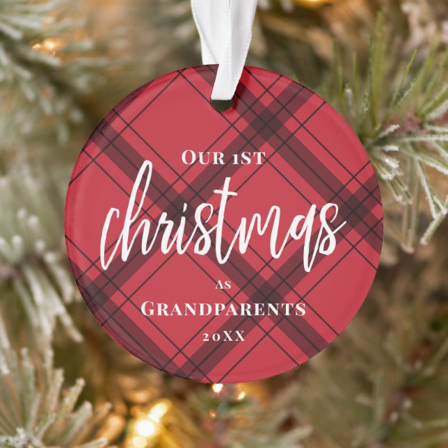 Red Plaid First Christmas As Grandparents Photo Ornament (Tree)