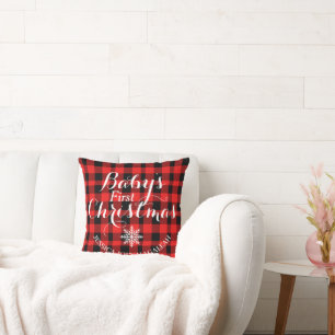 Red Plaid First Christmas Personalised Baby Photo Cushion