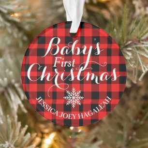 Red Plaid First Christmas Personalised Baby Photo Ornament