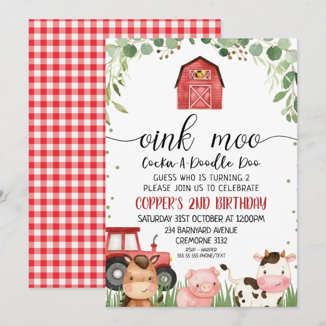 Red Plaid Foliage Farm Animal Birthday Invitation (Front/Back)