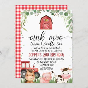Red Plaid Foliage Farm Animal Birthday Invitation