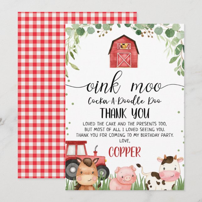 Red Plaid Foliage Farm Birthday Thank You Card (Front/Back)