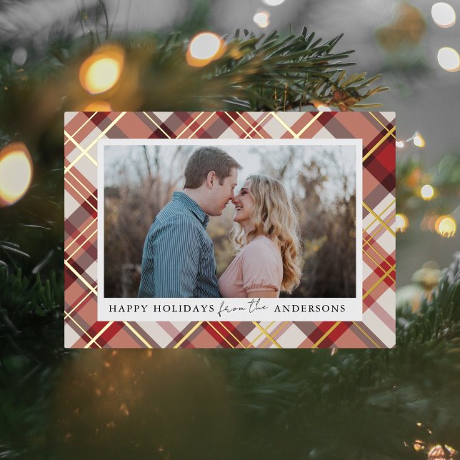 Red Plaid Frame Christmas Real Foil Photo Foil Holiday Card (Creator Uploaded)