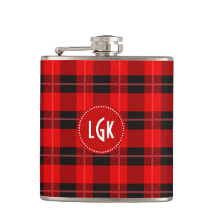 Red Plaid Geometric Pattern Monogram White Accents Hip Flask