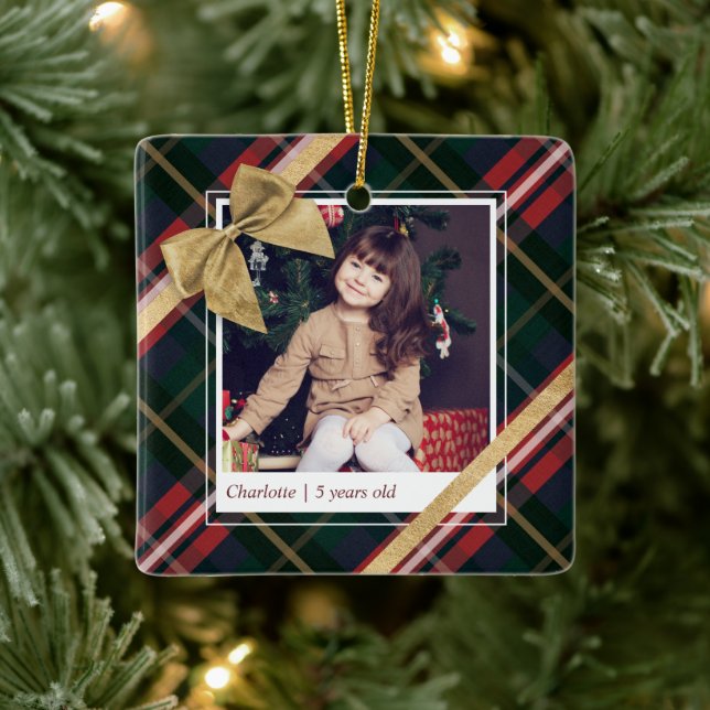 Red Plaid Gift Wrapped & Gold Bow Present Photo Ceramic Ornament (Tree)