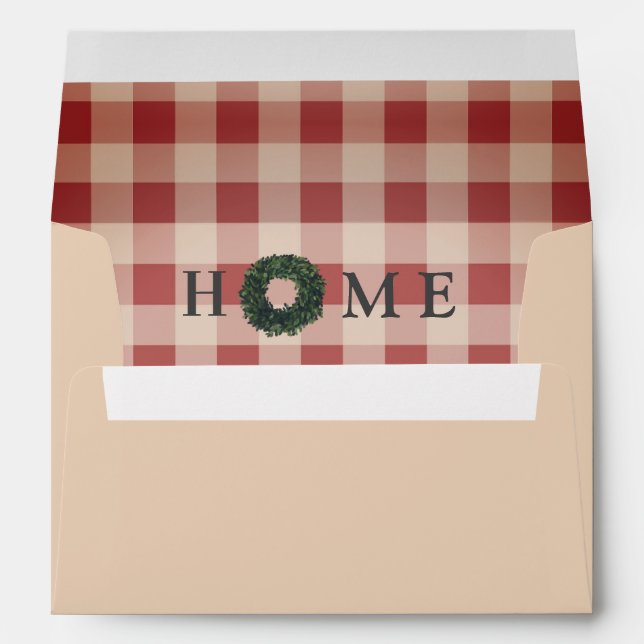 Red Plaid Gingham “HOME” Farmhouse Decor Boxwood Envelope (Back (Bottom))